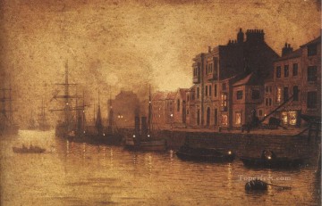  Atkinson Art Painting - Evening Whitby Harbour city scenes John Atkinson Grimshaw